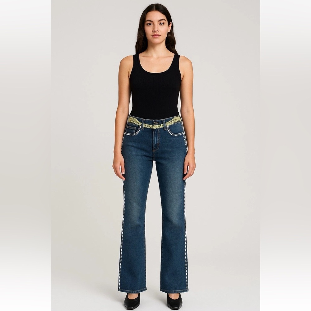 Paolo Santini Jeans Size 8 Lace Trim Pearl Stud Detail Flare Bottoms  NWT